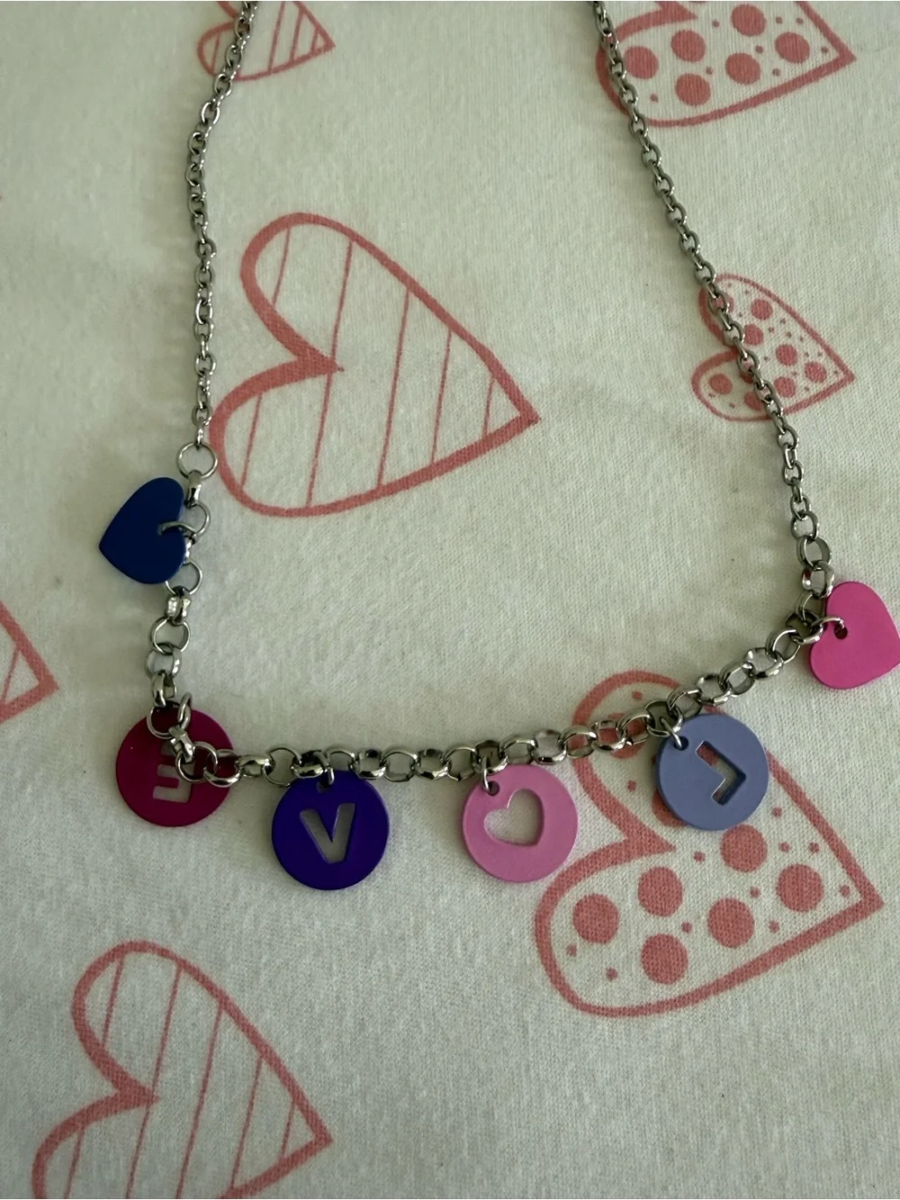 GAP Silver Tone  Adjustable LOVE Necklace with Pink, Purple & Blue Charms NWT